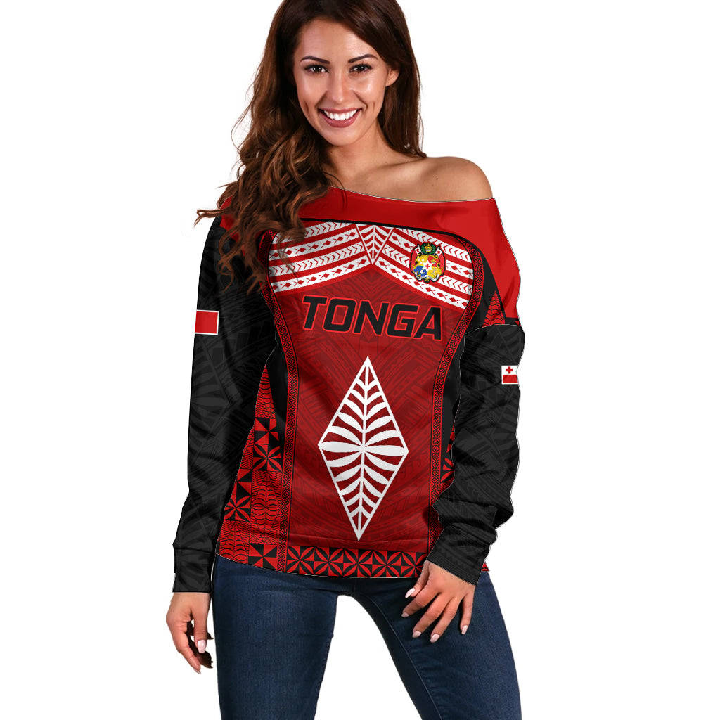 Tonga Rugby Off Shoulder Sweater Go Champions World Cup 2023 Ngatu Unique LT9 Women Red - Polynesian Pride