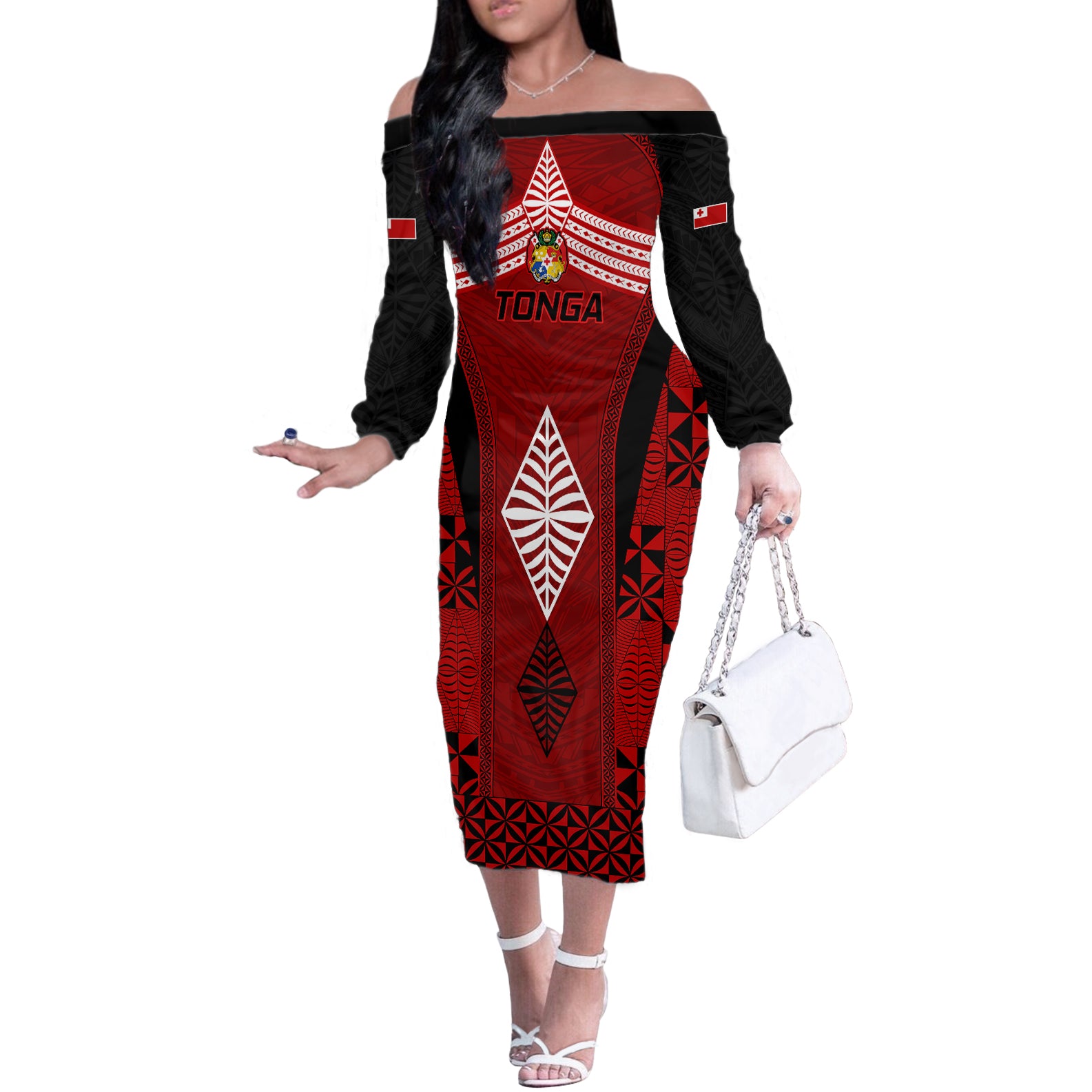 Tonga Rugby Off The Shoulder Long Sleeve Dress Go Champions World Cup 2023 Ngatu Unique LT9 Women Red - Polynesian Pride