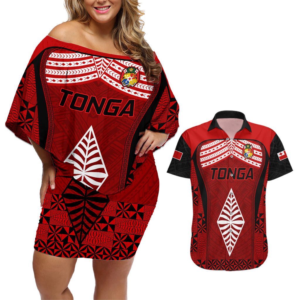 Custom Tonga Rugby Couples Matching Off Shoulder Short Dress and Hawaiian Shirt Go Champions World Cup 2023 Ngatu Unique LT9 Red - Polynesian Pride