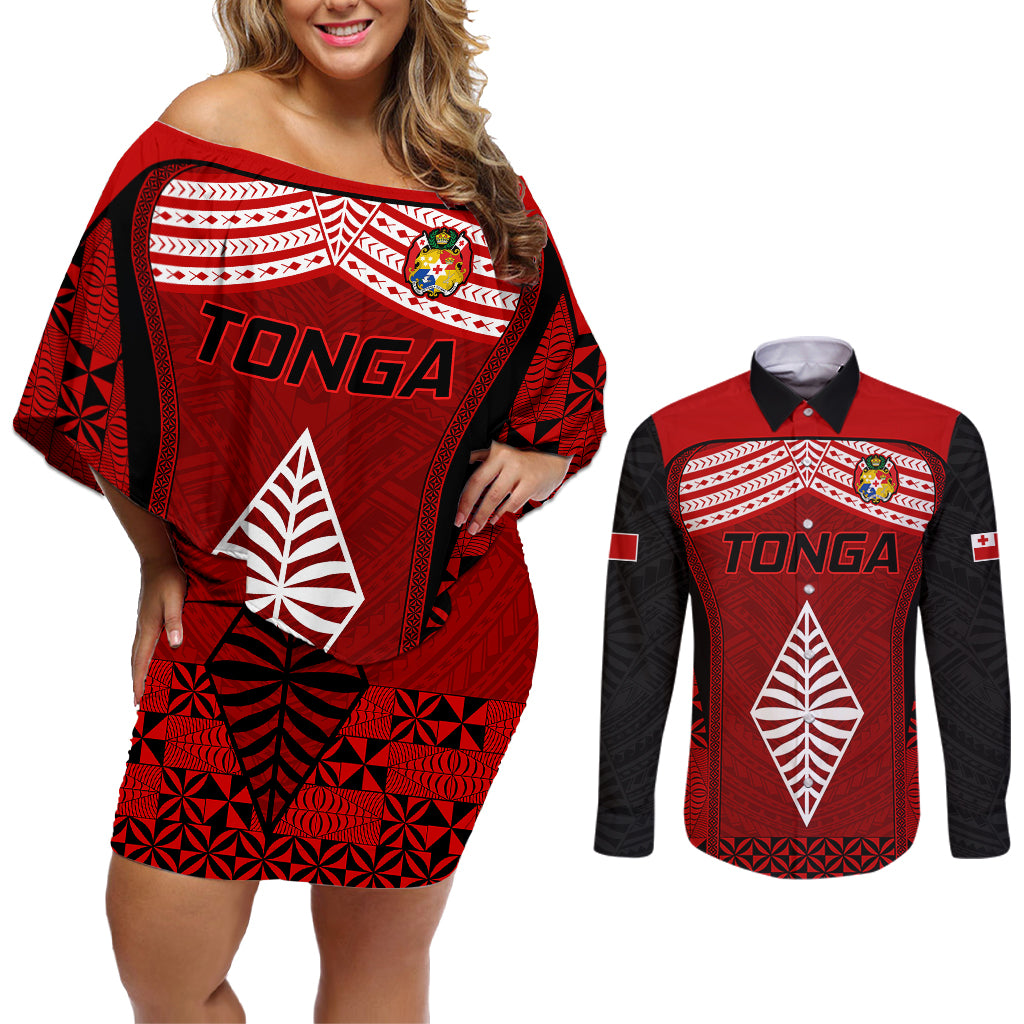 Custom Tonga Rugby Couples Matching Off Shoulder Short Dress and Long Sleeve Button Shirts Go Champions World Cup 2023 Ngatu Unique LT9 Red - Polynesian Pride