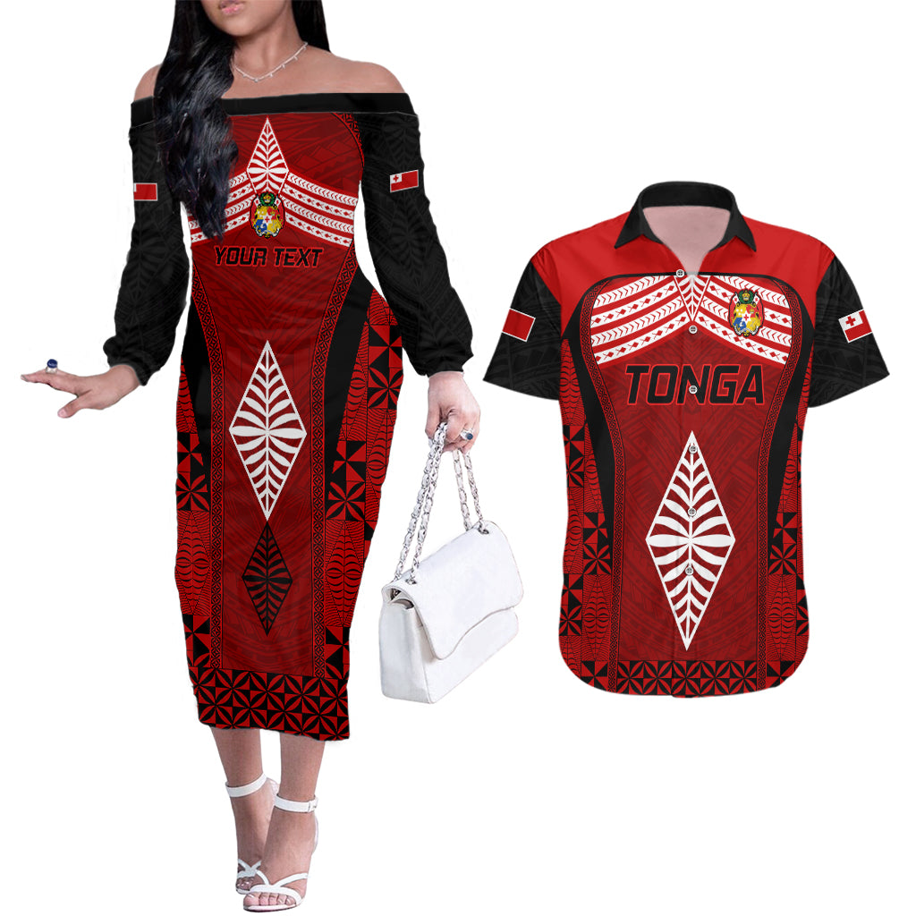 Custom Tonga Rugby Couples Matching Off The Shoulder Long Sleeve Dress and Hawaiian Shirt Go Champions World Cup 2023 Ngatu Unique LT9 Red - Polynesian Pride