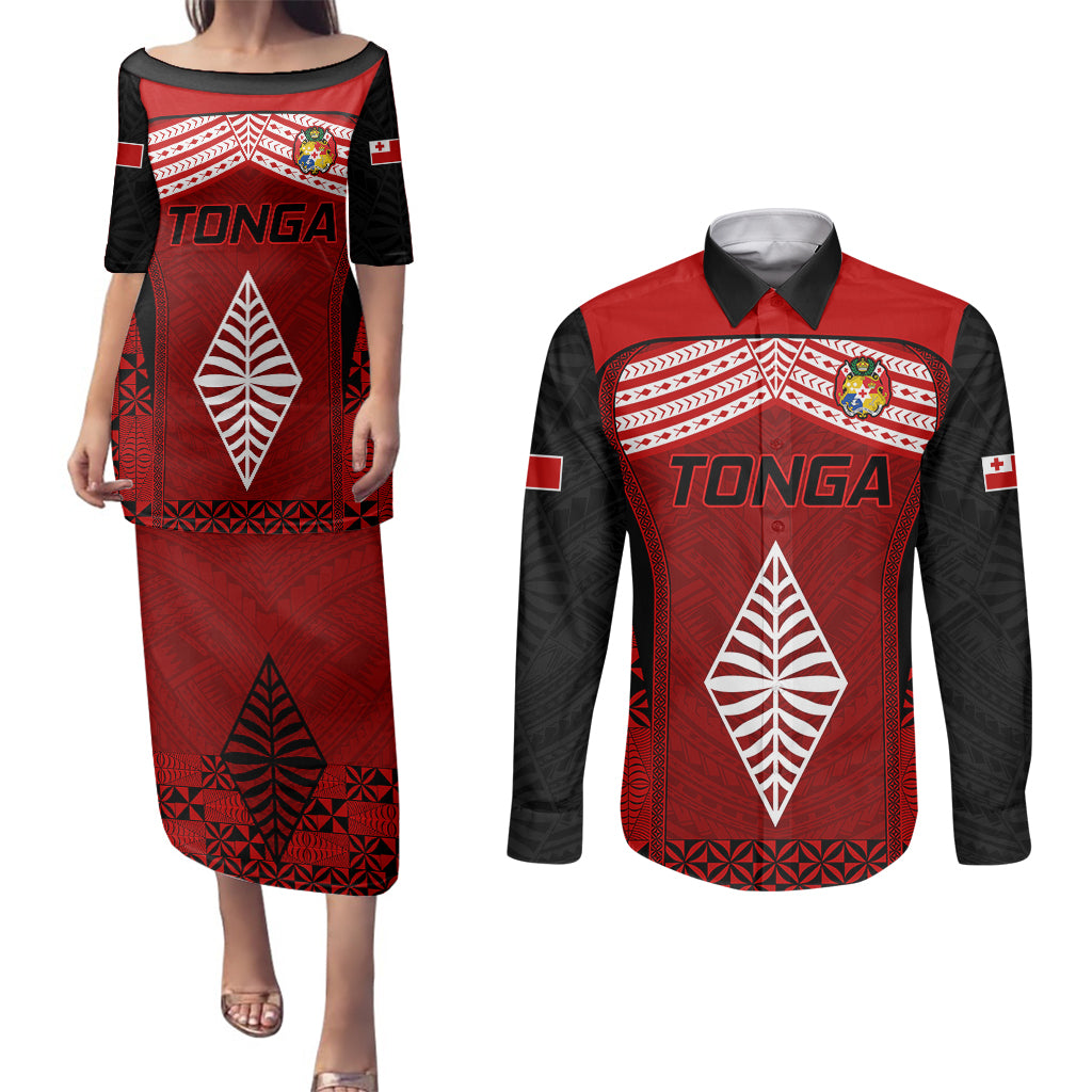 Custom Tonga Rugby Couples Matching Puletasi Dress and Long Sleeve Button Shirts Go Champions World Cup 2023 Ngatu Unique LT9 Red - Polynesian Pride