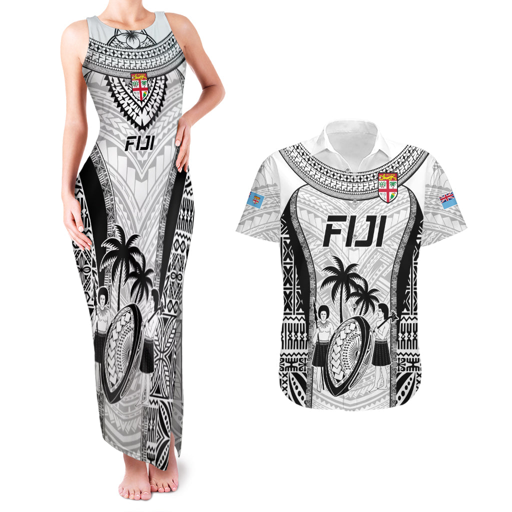 Fiji Rugby Couples Matching Tank Maxi Dress and Hawaiian Shirt Go Champions World Cup 2023 Tapa Unique White Vibe LT9 White - Polynesian Pride