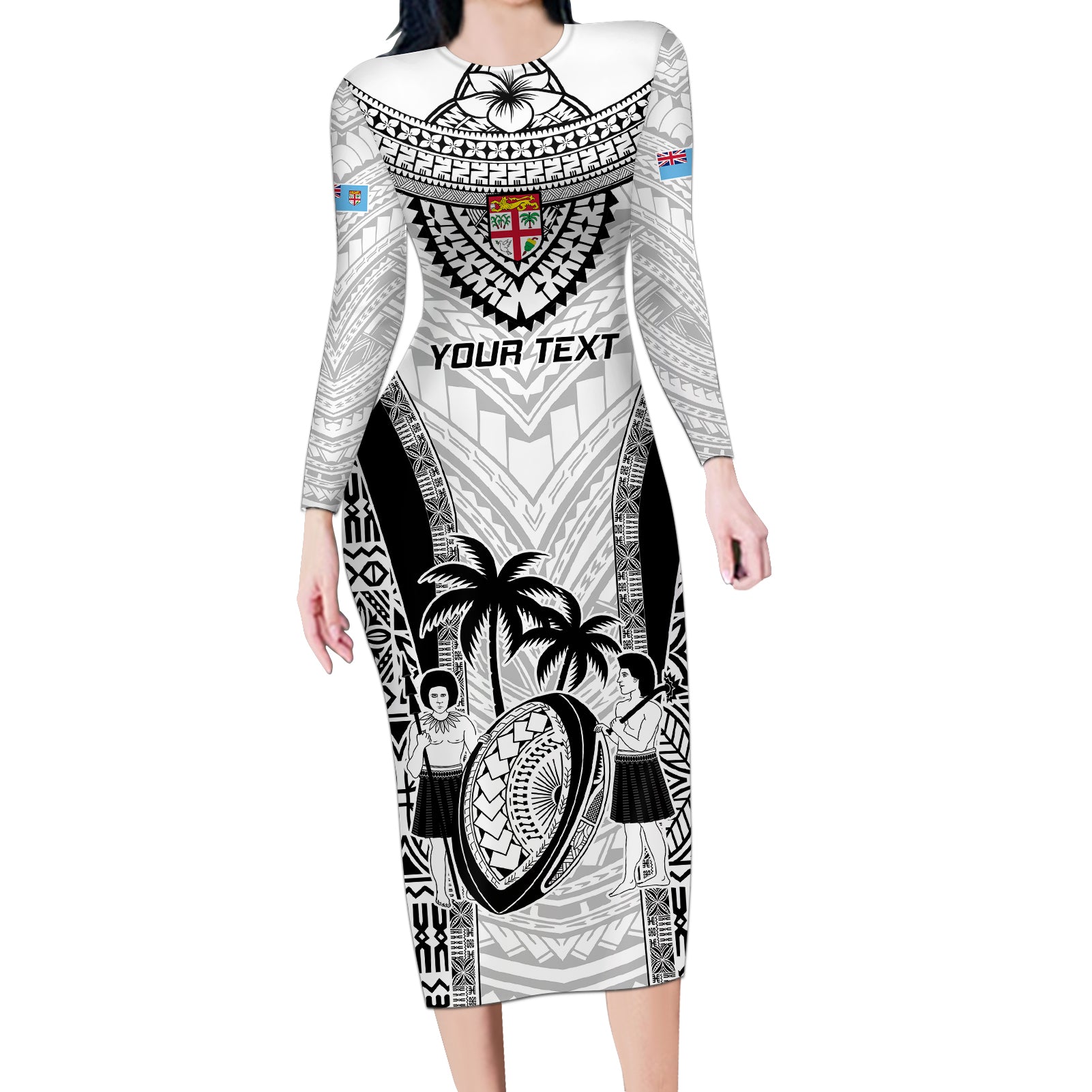 Custom Fiji Rugby Long Sleeve Bodycon Dress Go Champions World Cup 2023 Tapa Unique White Vibe LT9 Long Dress White - Polynesian Pride