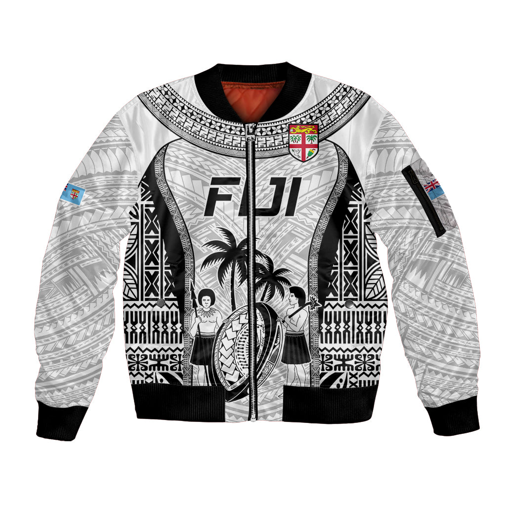 Custom Fiji Rugby Sleeve Zip Bomber Jacket Go Champions World Cup 2023 Tapa Unique White Vibe LT9 Unisex White - Polynesian Pride