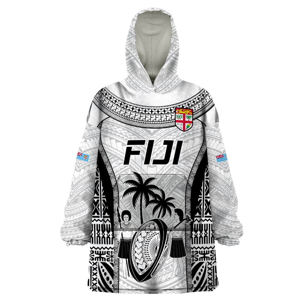 Custom Fiji Rugby Wearable Blanket Hoodie Go Champions World Cup 2023 Tapa Unique White Vibe LT9 One Size White - Polynesian Pride