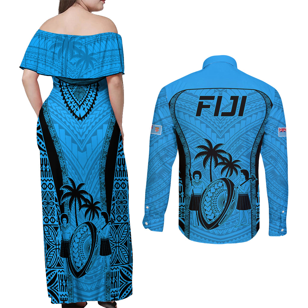 Fiji Rugby Couples Matching Off Shoulder Maxi Dress and Long Sleeve Button Shirts Go Champions World Cup 2023 Tapa Unique Blue Vibe LT9 - Polynesian Pride