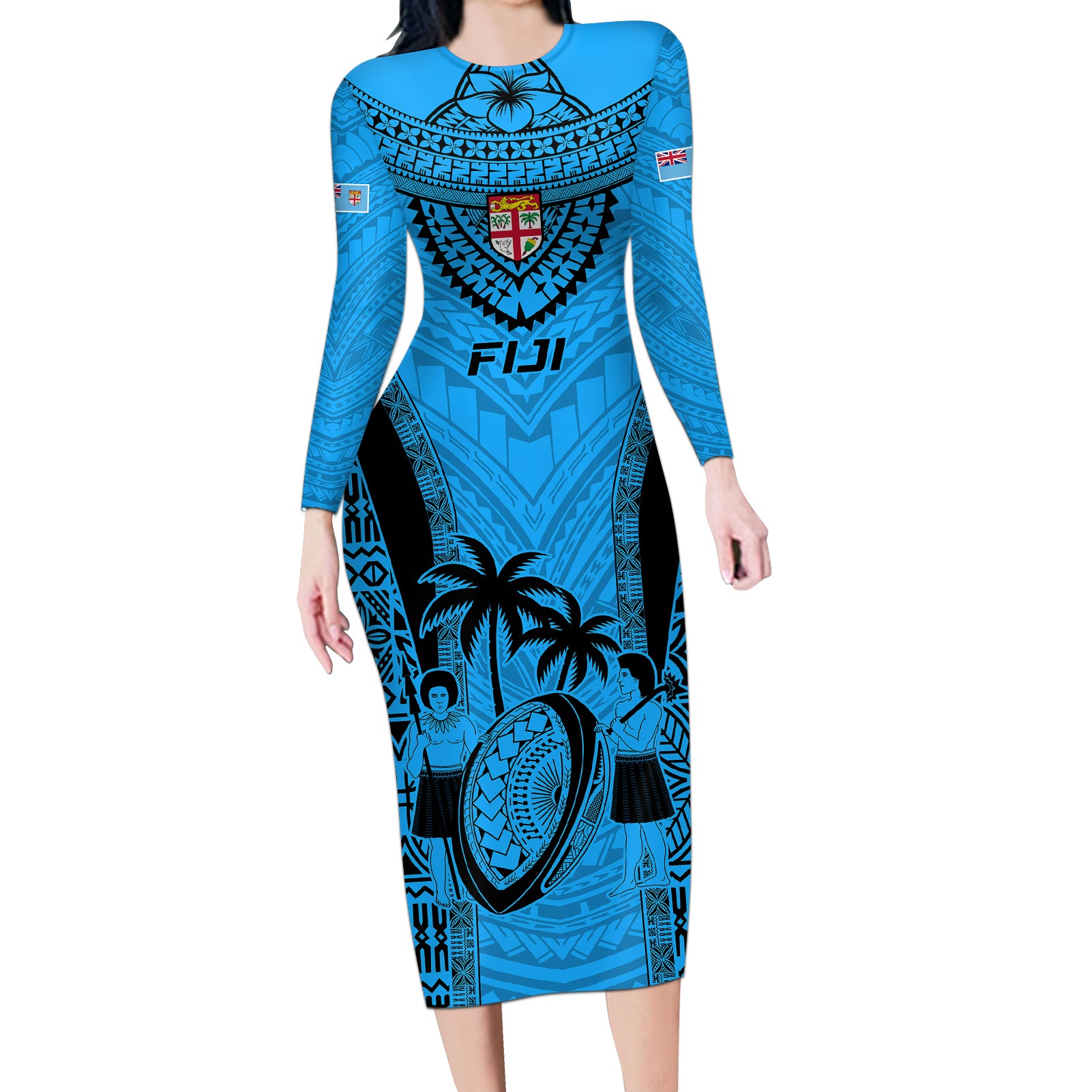 Fiji Rugby Long Sleeve Bodycon Dress Go Champions World Cup 2023 Tapa Unique Blue Vibe LT9 Long Dress Blue - Polynesian Pride