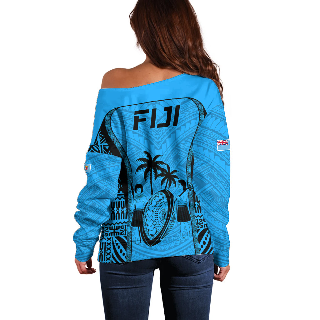 Fiji Rugby Off Shoulder Sweater Go Champions World Cup 2023 Tapa Unique Blue Vibe LT9 - Polynesian Pride