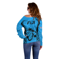 Fiji Rugby Off Shoulder Sweater Go Champions World Cup 2023 Tapa Unique Blue Vibe LT9 - Polynesian Pride