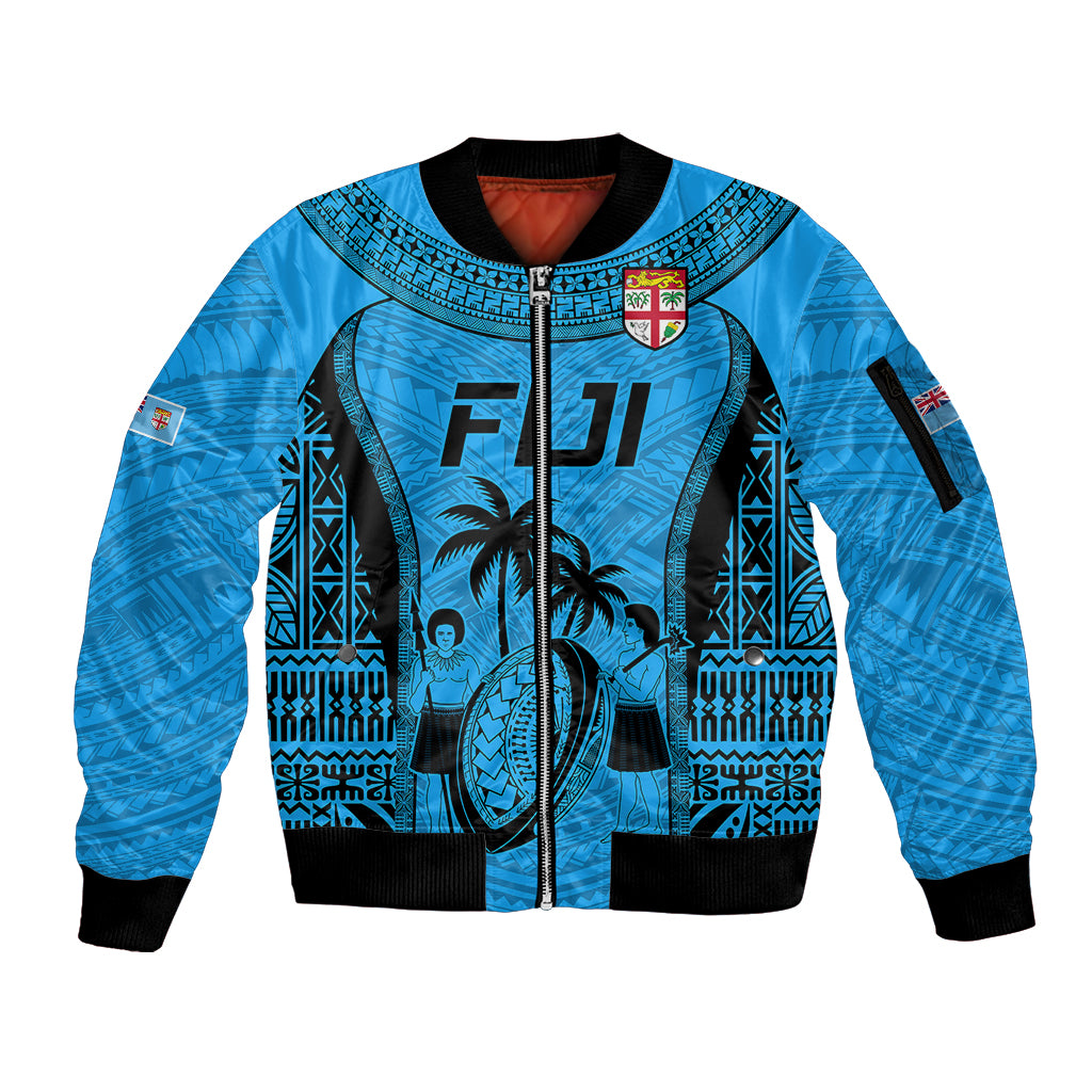 Fiji Rugby Sleeve Zip Bomber Jacket Go Champions World Cup 2023 Tapa Unique Blue Vibe LT9 Unisex Blue - Polynesian Pride