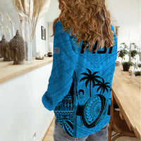 Fiji Rugby Women Casual Shirt Go Champions World Cup 2023 Tapa Unique Blue Vibe LT9 - Polynesian Pride