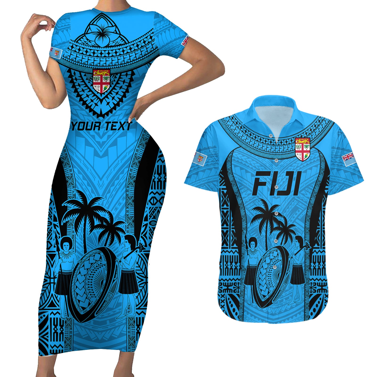 Custom Fiji Rugby Couples Matching Short Sleeve Bodycon Dress and Hawaiian Shirt Go Champions World Cup 2023 Tapa Unique Blue Vibe LT9 Blue - Polynesian Pride