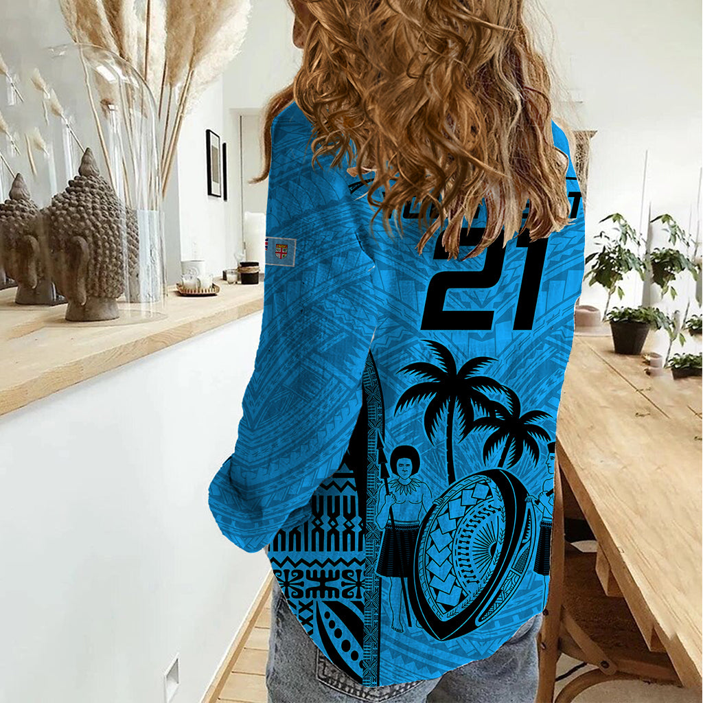 Custom Fiji Rugby Women Casual Shirt Go Champions World Cup 2023 Tapa Unique Blue Vibe LT9 - Polynesian Pride
