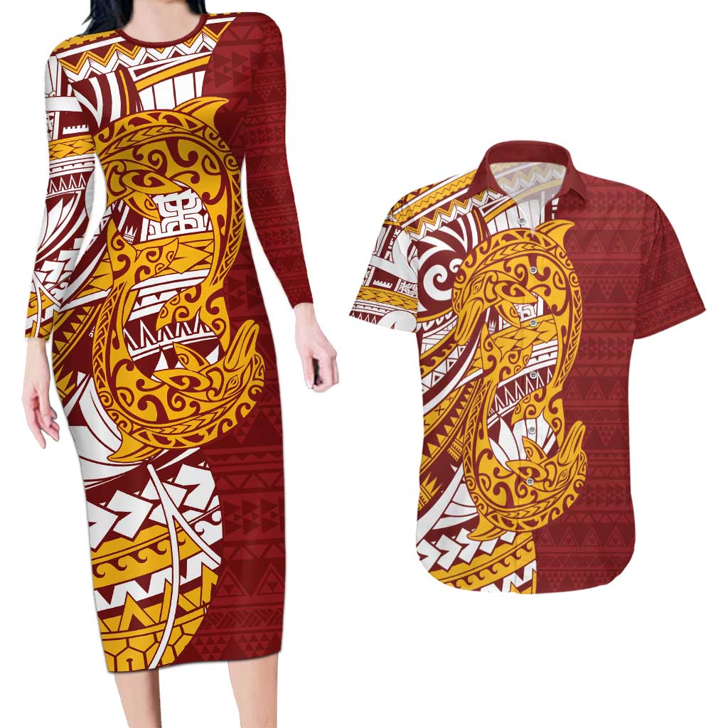 Couple Dolphins Maori Motif Couples Matching Long Sleeve Bodycon Dress and Hawaiian Shirt - Polynesian Pride