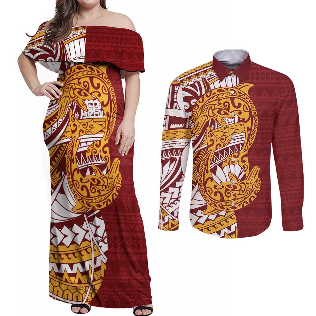 Couple Dolphins Maori Motif Couples Matching Off Shoulder Maxi Dress and Long Sleeve Button Shirt - Polynesian Pride