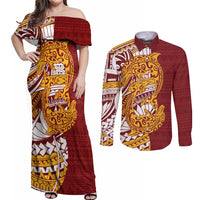 Couple Dolphins Maori Motif Couples Matching Off Shoulder Maxi Dress and Long Sleeve Button Shirt - Polynesian Pride