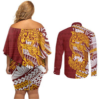 Couple Dolphins Maori Motif Couples Matching Off Shoulder Short Dress and Long Sleeve Button Shirt - Polynesian Pride