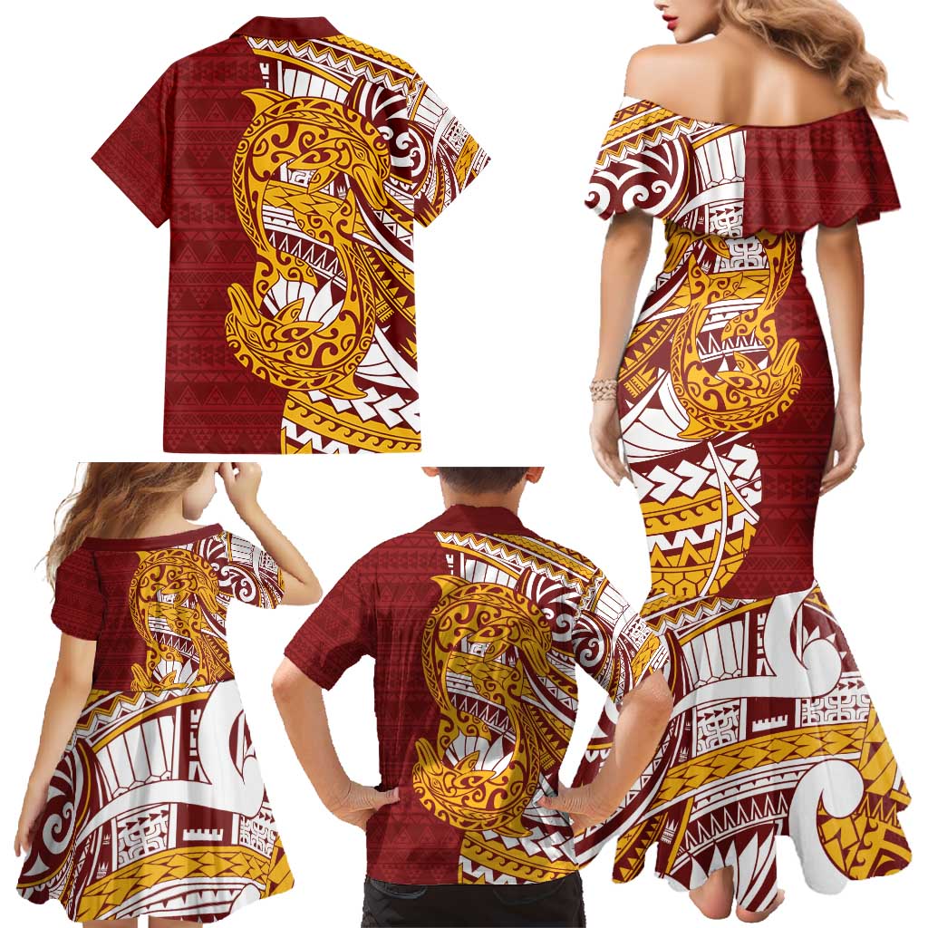 Couple Dolphins Maori Motif Family Matching Mermaid Dress and Hawaiian Shirt - Polynesian Pride