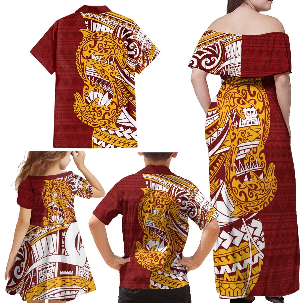 Couple Dolphins Maori Motif Family Matching Off Shoulder Maxi Dress and Hawaiian Shirt - Polynesian Pride