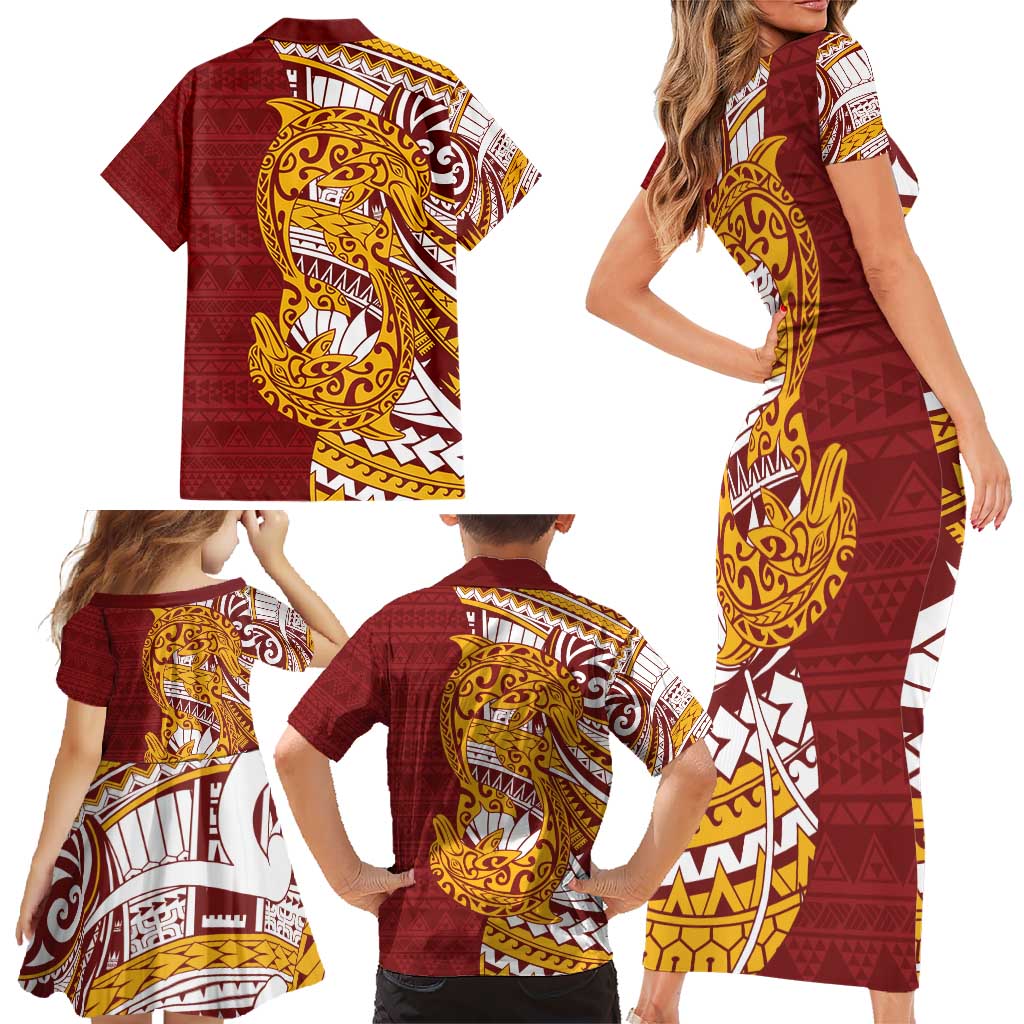 Couple Dolphins Maori Motif Family Matching Short Sleeve Bodycon Dress and Hawaiian Shirt - Polynesian Pride