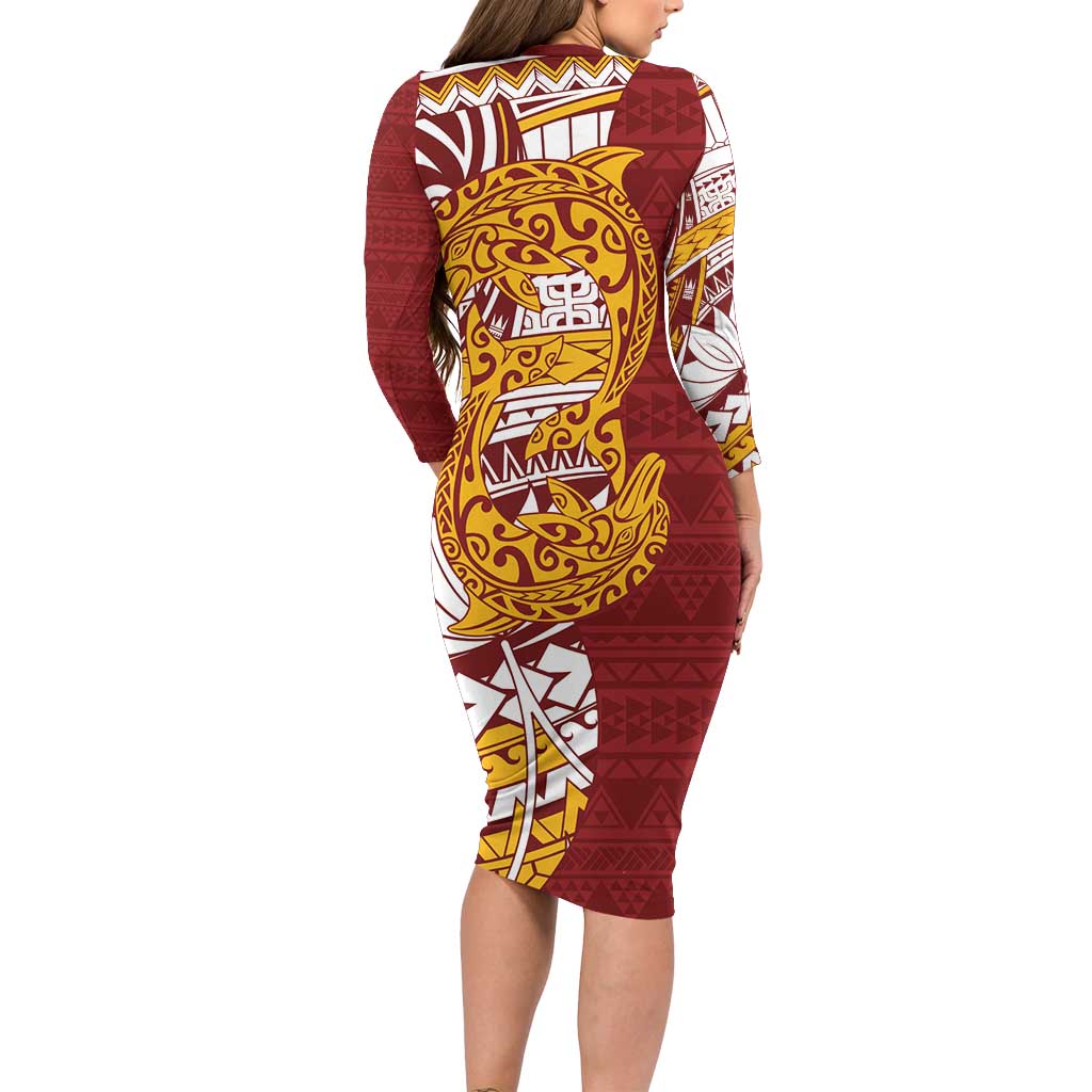 Couple Dolphins Maori Motif Long Sleeve Bodycon Dress - Polynesian Pride