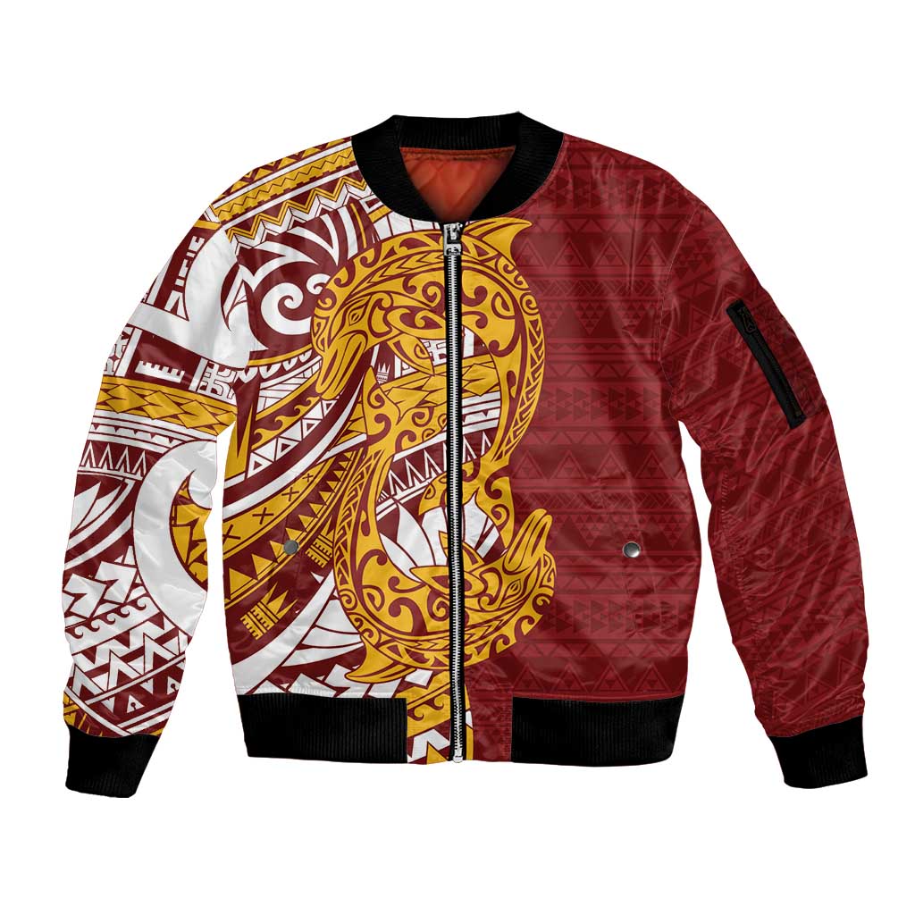 Couple Dolphins Maori Motif Sleeve Zip Bomber Jacket LT9 Unisex Burgundy - Polynesian Pride