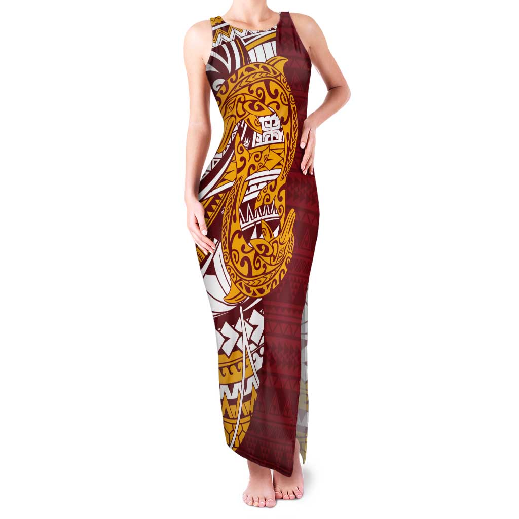 Couple Dolphins Maori Motif Tank Maxi Dress LT9 Women Burgundy - Polynesian Pride