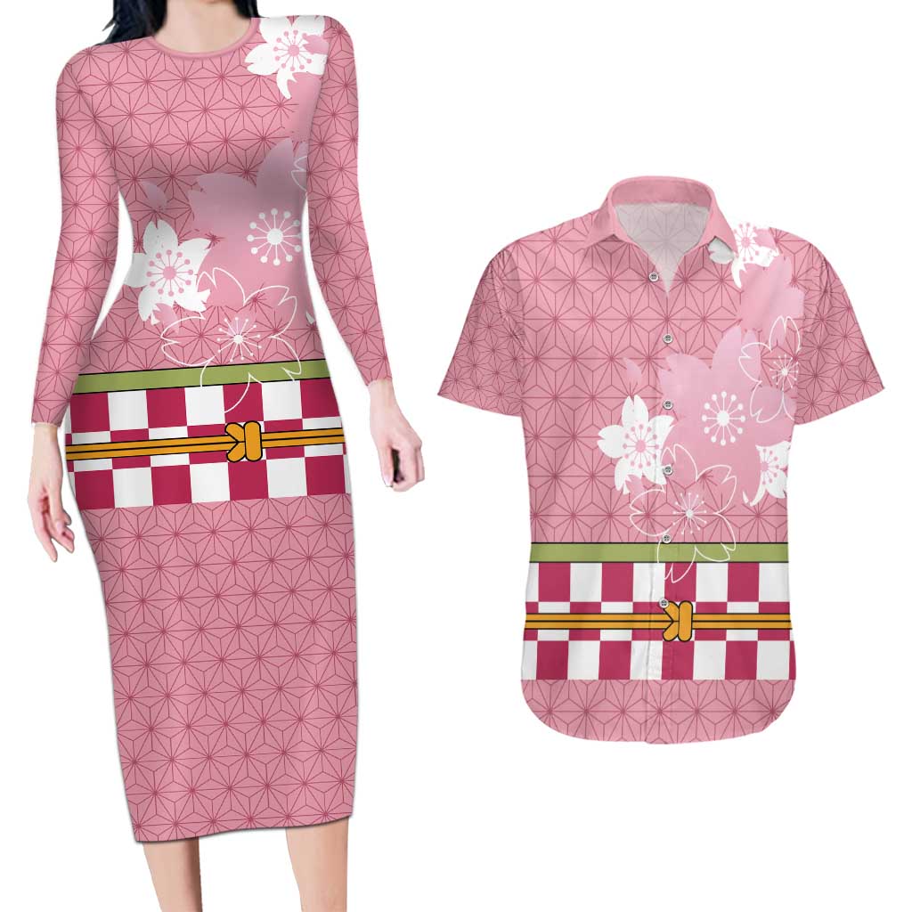 Japanese Asanoha Pattern Couples Matching Long Sleeve Bodycon Dress and Hawaiian Shirt Charm Against Evil Spirits - Polynesian Pride