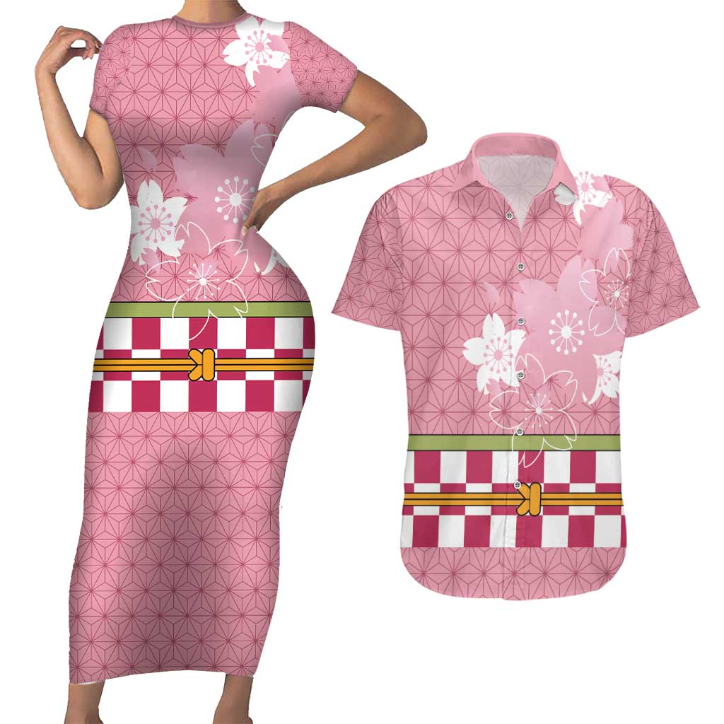 Japanese Asanoha Pattern Couples Matching Short Sleeve Bodycon Dress and Hawaiian Shirt Charm Against Evil Spirits - Polynesian Pride