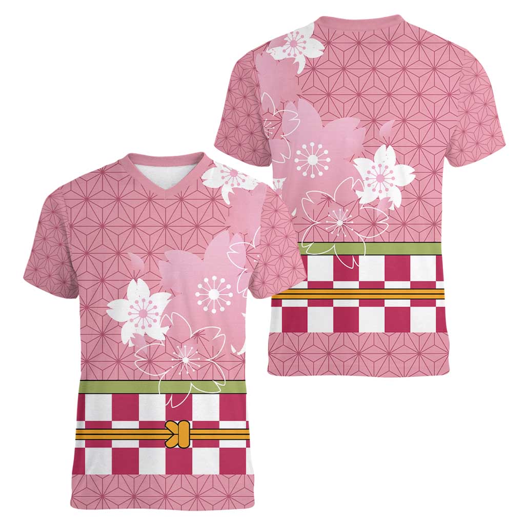 Japanese Asanoha Pattern Women V-Neck T-Shirt Charm Against Evil Spirits - Polynesian Pride