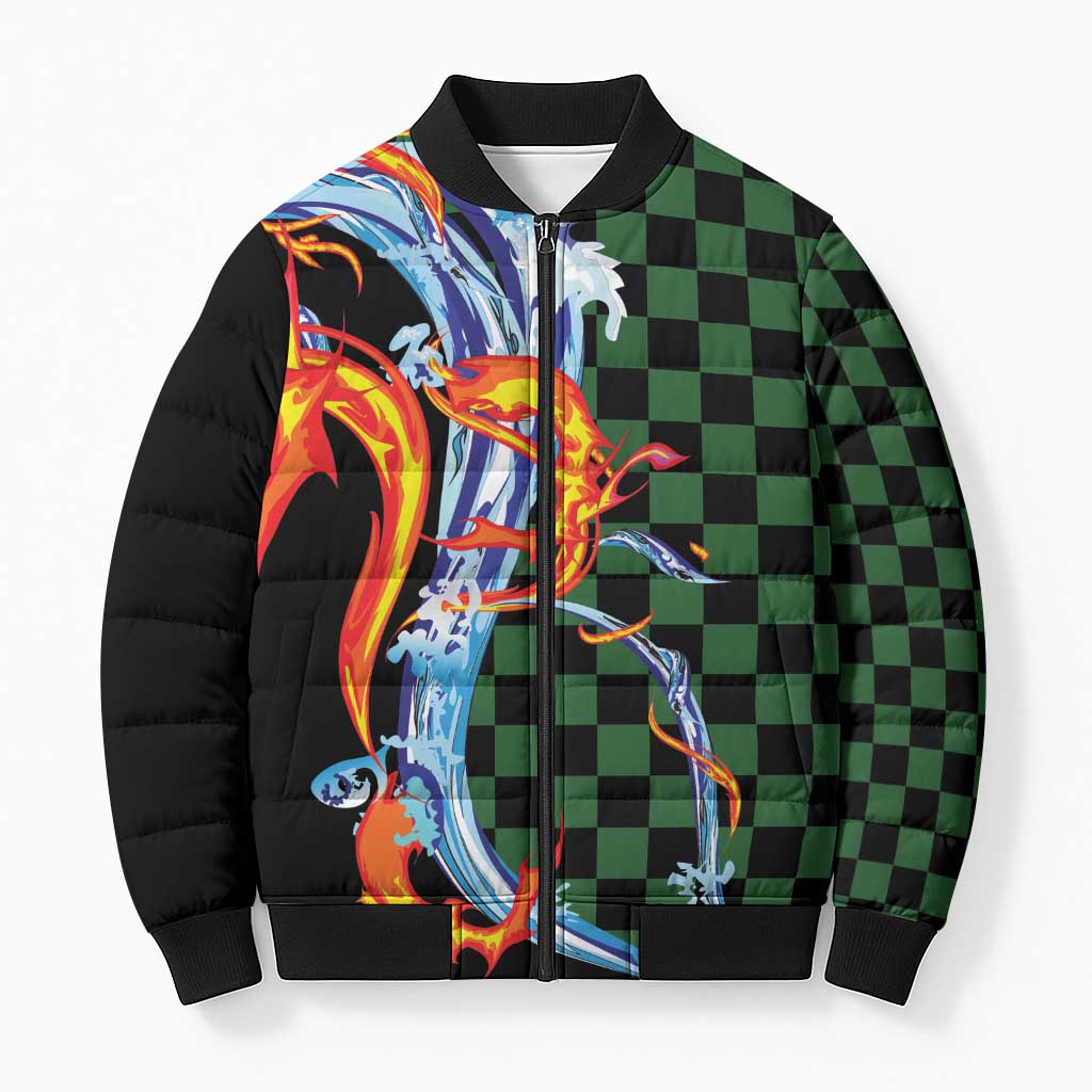 Japanese Asanoha Pattern Bomber Puffer Jacket Sun Flame Slayer Dragon Hinokami Kagura Spirit LT9 Unisex Green - Polynesian Pride