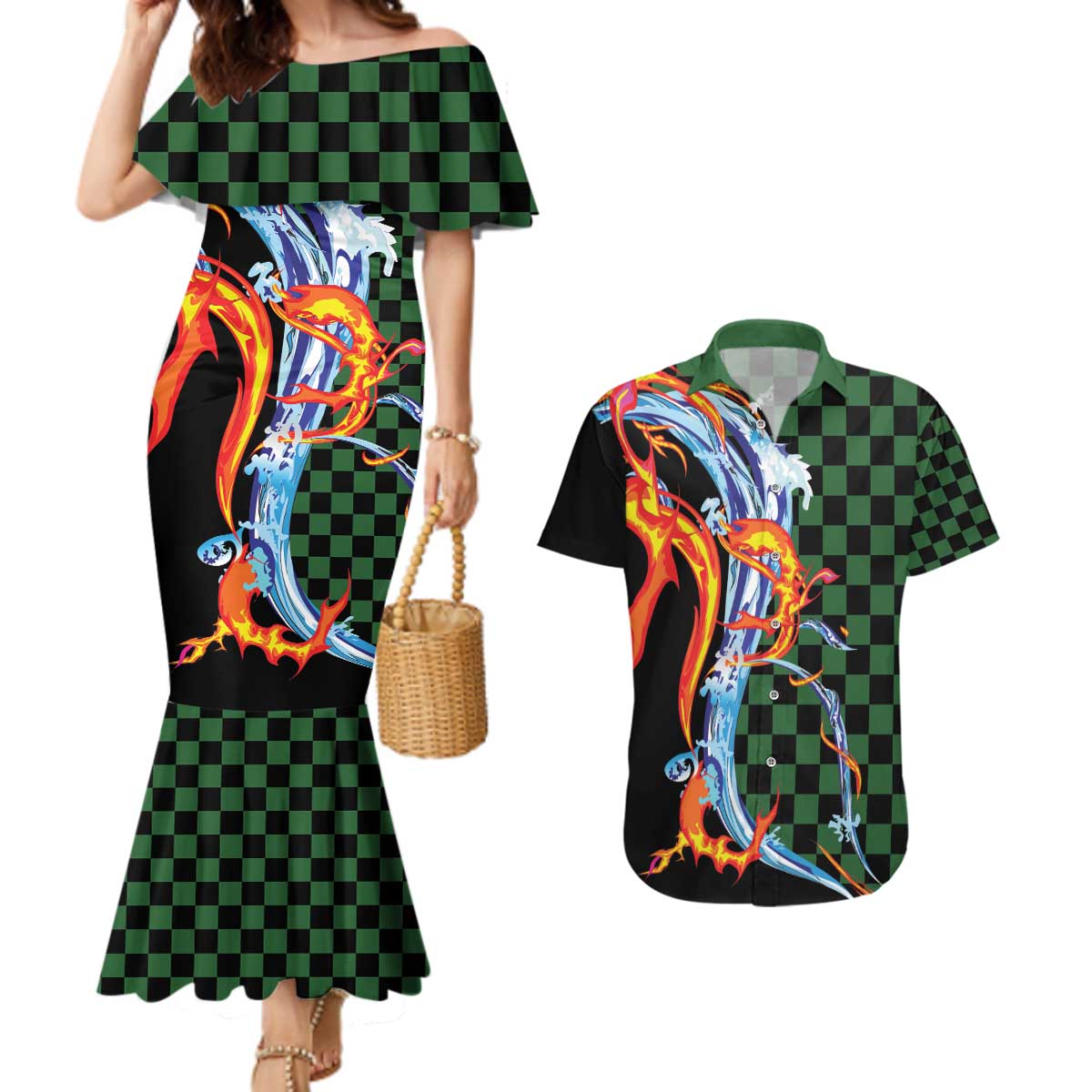 Japanese Asanoha Pattern Couples Matching Mermaid Dress and Hawaiian Shirt Sun Flame Slayer Dragon Hinokami Kagura Spirit - Polynesian Pride