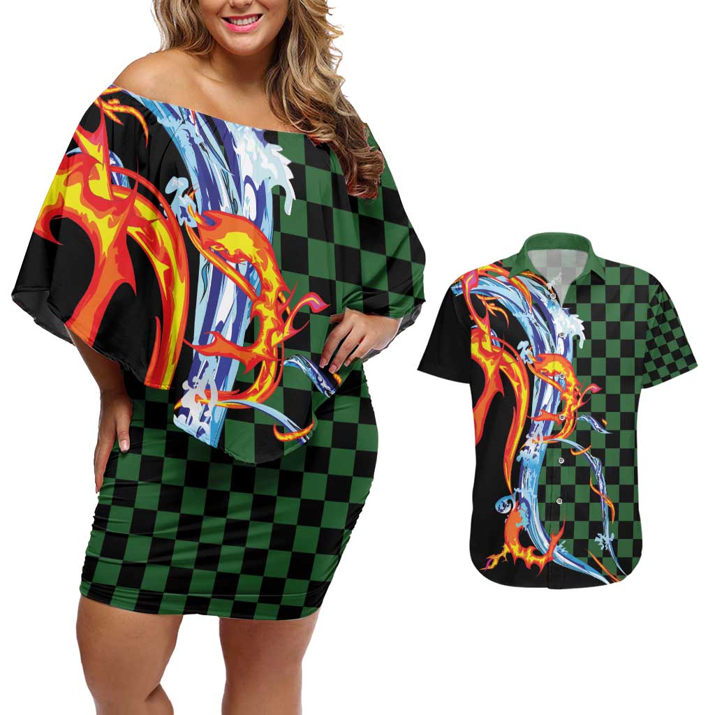 Japanese Asanoha Pattern Couples Matching Off Shoulder Short Dress and Hawaiian Shirt Sun Flame Slayer Dragon Hinokami Kagura Spirit - Polynesian Pride