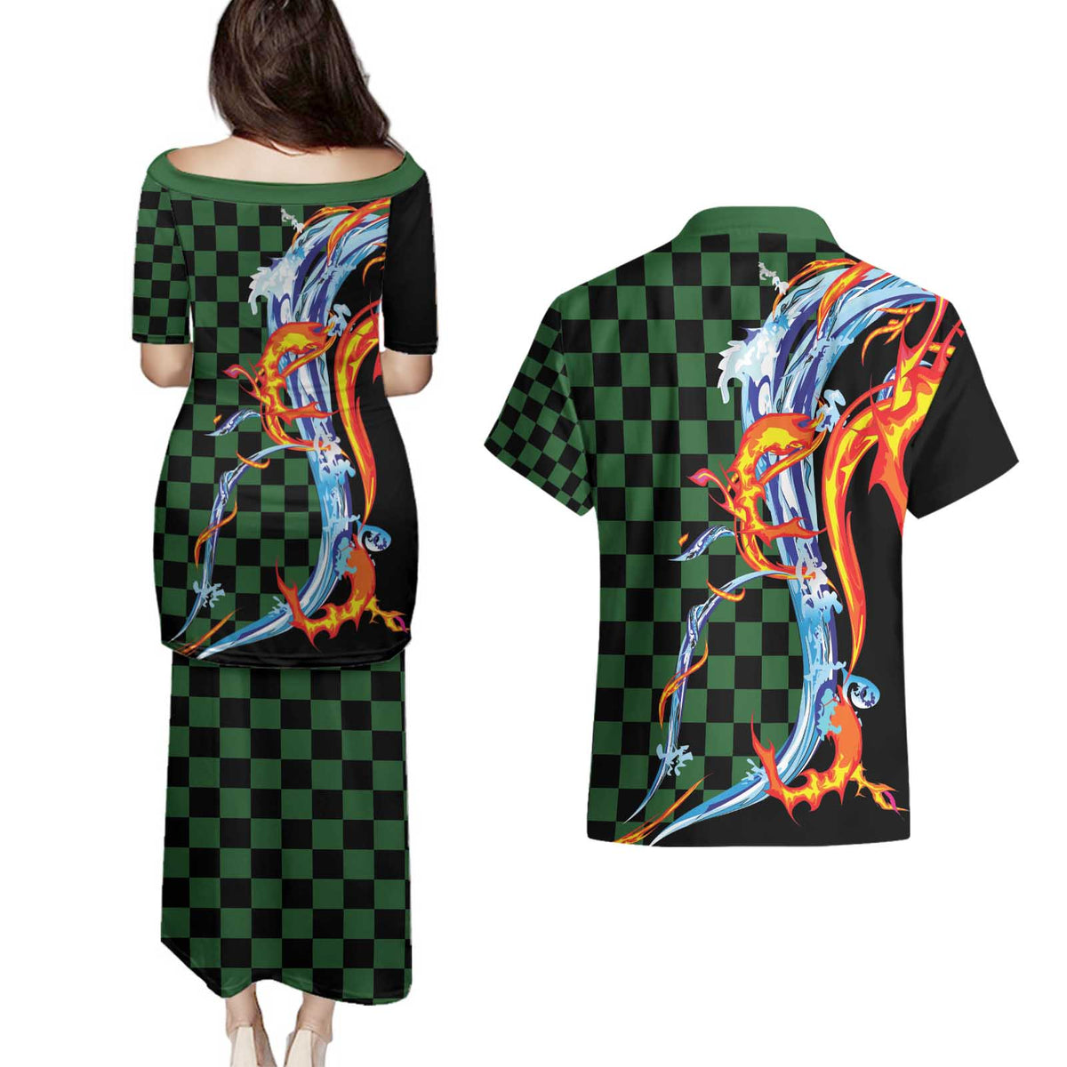 Japanese Asanoha Pattern Couples Matching Puletasi and Hawaiian Shirt Sun Flame Slayer Dragon Hinokami Kagura Spirit - Polynesian Pride
