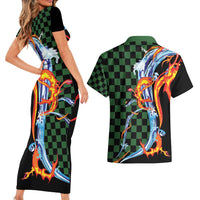 Japanese Asanoha Pattern Couples Matching Short Sleeve Bodycon Dress and Hawaiian Shirt Sun Flame Slayer Dragon Hinokami Kagura Spirit - Polynesian Pride
