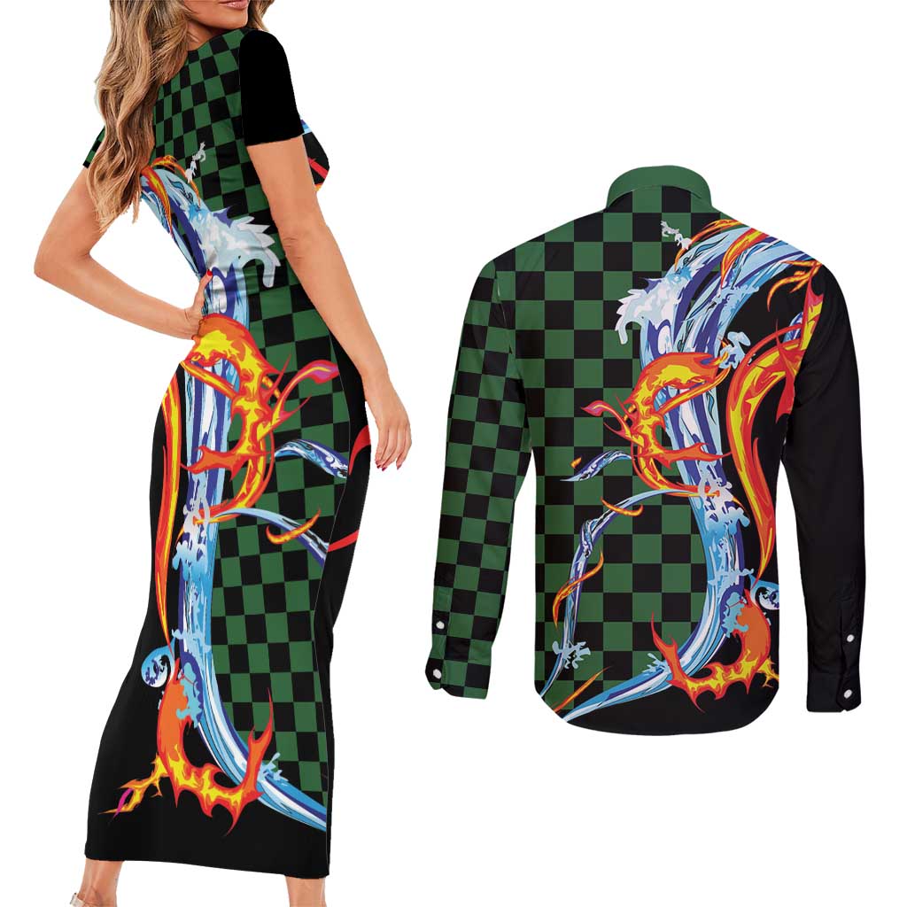 Japanese Asanoha Pattern Couples Matching Short Sleeve Bodycon Dress and Long Sleeve Button Shirt Sun Flame Slayer Dragon Hinokami Kagura Spirit - Polynesian Pride
