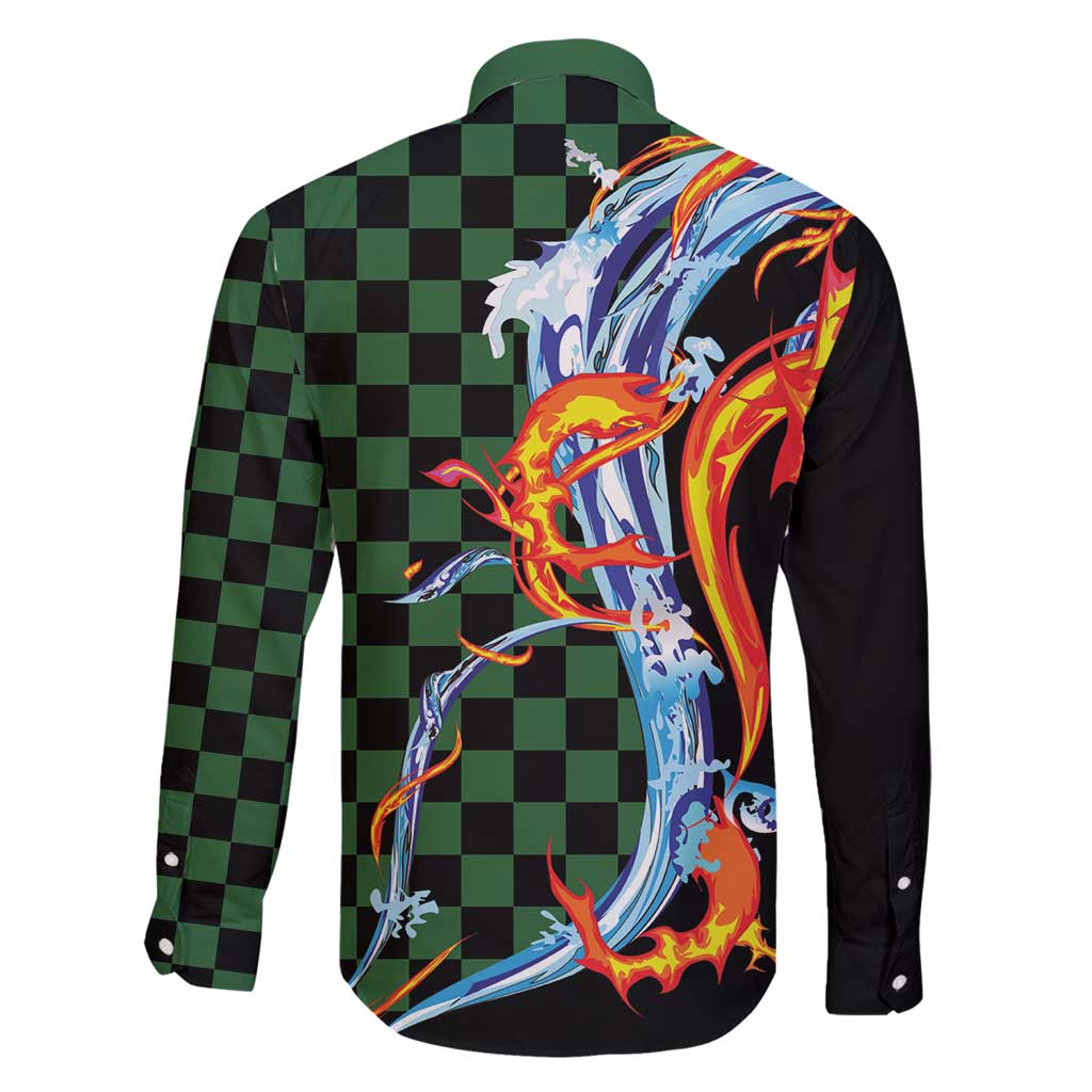 Japanese Asanoha Pattern Family Matching Long Sleeve Bodycon Dress and Hawaiian Shirt Sun Flame Slayer Dragon Hinokami Kagura Spirit - Polynesian Pride