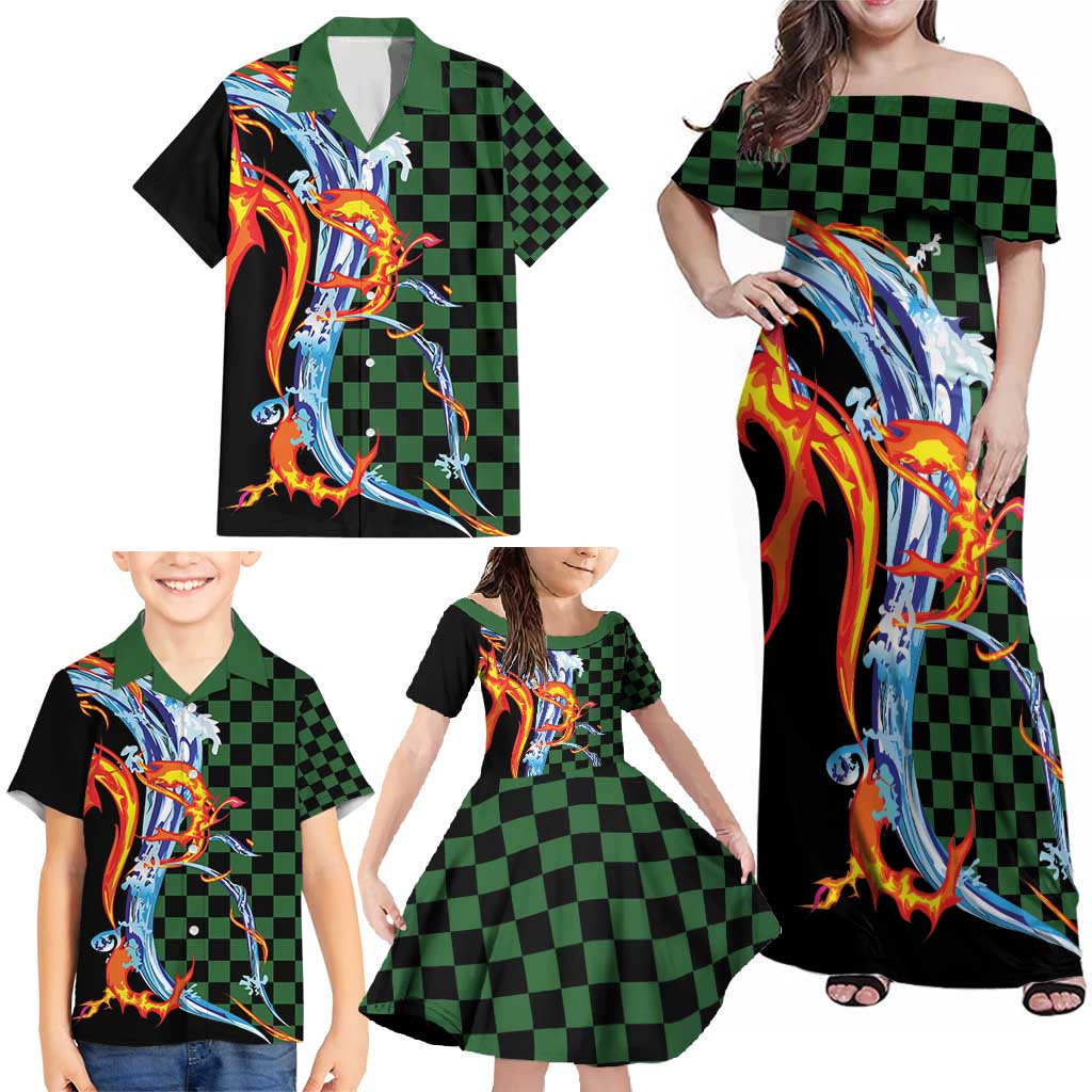 Japanese Asanoha Pattern Family Matching Off Shoulder Maxi Dress and Hawaiian Shirt Sun Flame Slayer Dragon Hinokami Kagura Spirit - Polynesian Pride