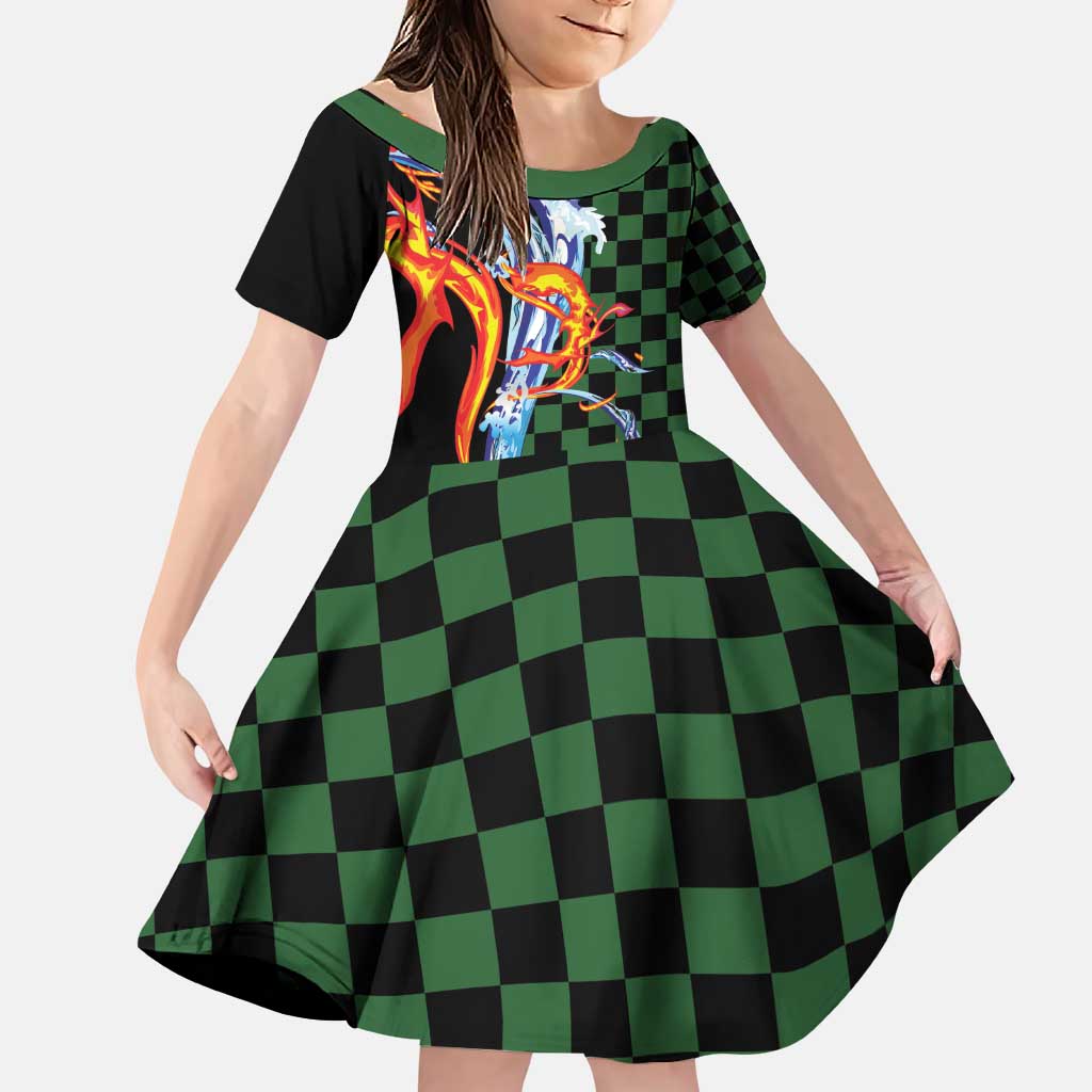 Japanese Asanoha Pattern Family Matching Puletasi and Hawaiian Shirt Sun Flame Slayer Dragon Hinokami Kagura Spirit LT9 Daughter's Dress Green - Polynesian Pride
