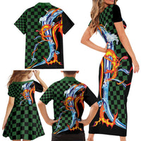 Japanese Asanoha Pattern Family Matching Short Sleeve Bodycon Dress and Hawaiian Shirt Sun Flame Slayer Dragon Hinokami Kagura Spirit - Polynesian Pride