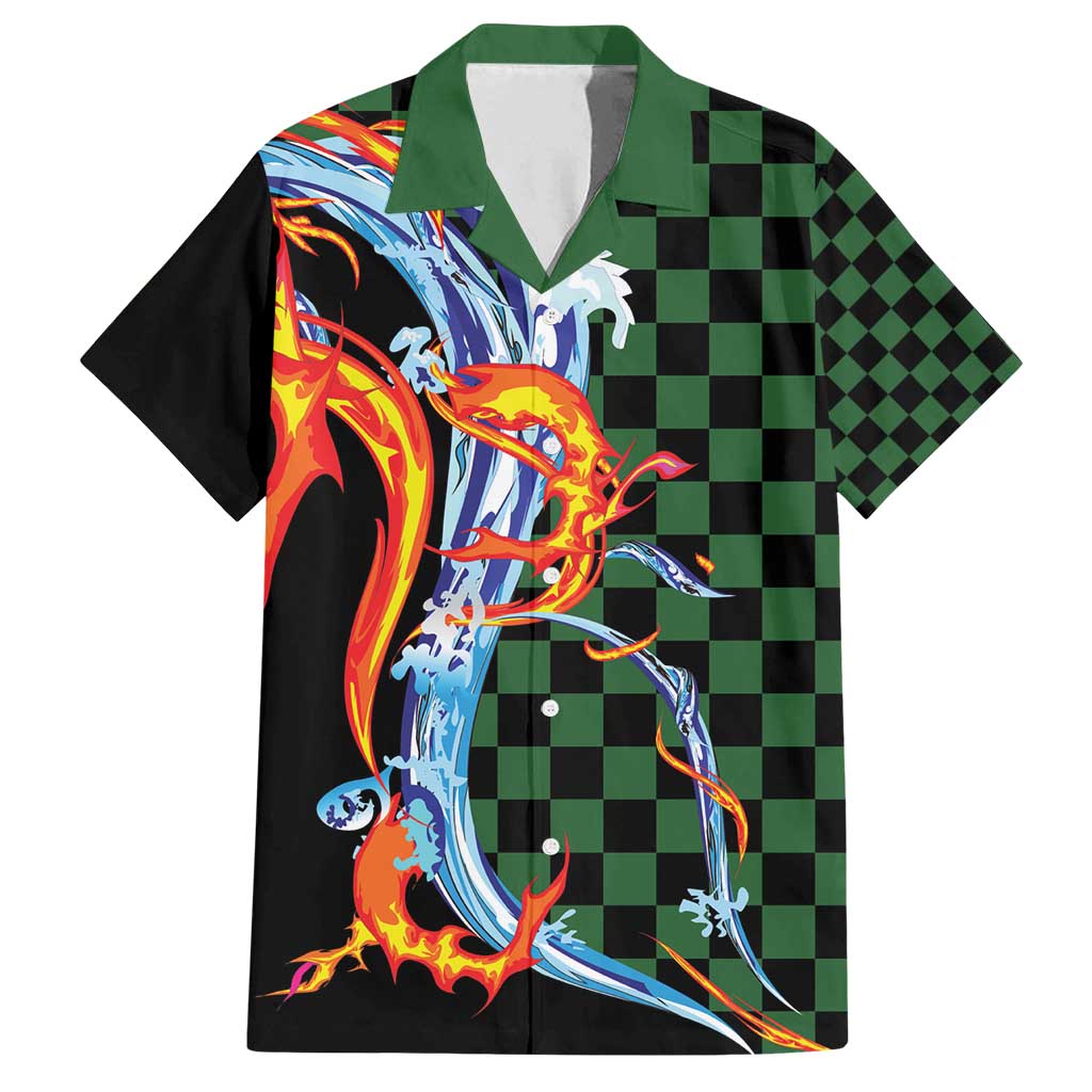 Japanese Asanoha Pattern Family Matching Summer Maxi Dress and Hawaiian Shirt Sun Flame Slayer Dragon Hinokami Kagura Spirit LT9 Dad's Shirt - Short Sleeve Green - Polynesian Pride