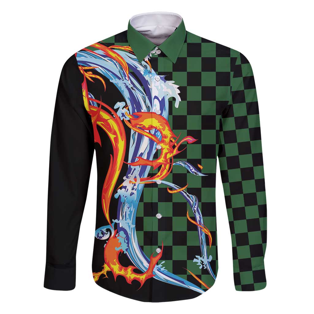 Japanese Asanoha Pattern Family Matching Summer Maxi Dress and Hawaiian Shirt Sun Flame Slayer Dragon Hinokami Kagura Spirit LT9 Dad's Shirt - Long Sleeve Green - Polynesian Pride