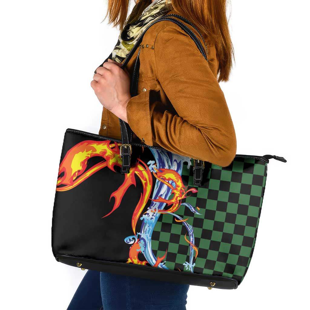 Japanese Asanoha Pattern Leather Tote Bag Sun Flame Slayer Dragon Hinokami Kagura Spirit LT9 Green - Polynesian Pride