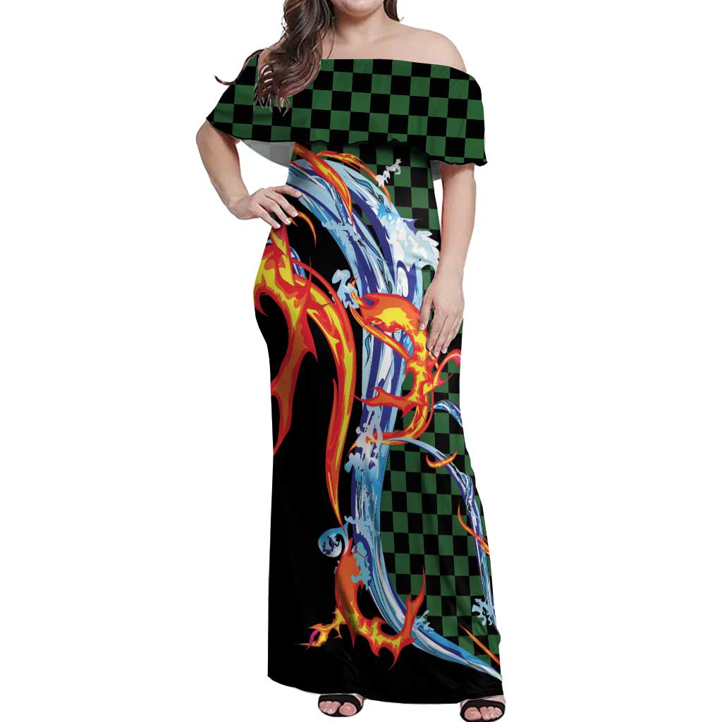 Japanese Asanoha Pattern Off Shoulder Maxi Dress Sun Flame Slayer Dragon Hinokami Kagura Spirit - Polynesian Pride