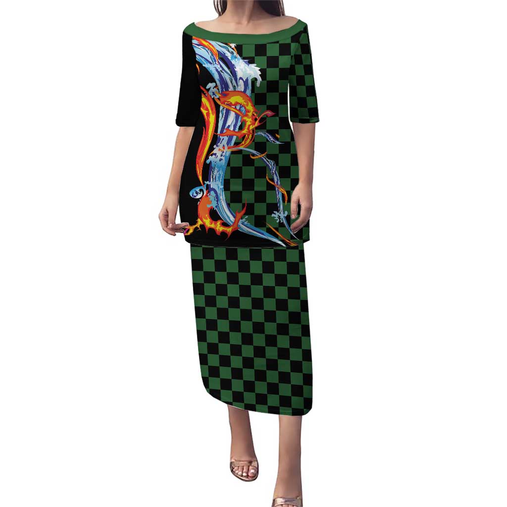 Japanese Asanoha Pattern Puletasi Sun Flame Slayer Dragon Hinokami Kagura Spirit LT9 Long Dress Green - Polynesian Pride