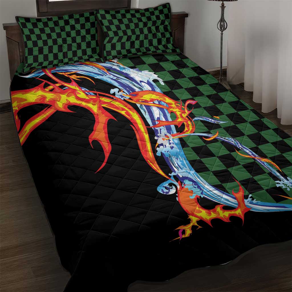 Japanese Asanoha Pattern Quilt Bed Set Sun Flame Slayer Dragon Hinokami Kagura Spirit - Polynesian Pride