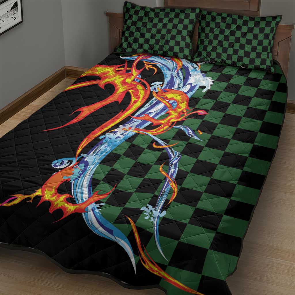 Japanese Asanoha Pattern Quilt Bed Set Sun Flame Slayer Dragon Hinokami Kagura Spirit - Polynesian Pride
