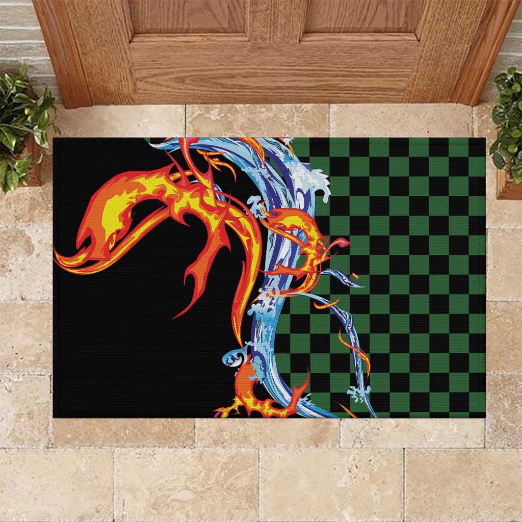 Japanese Asanoha Pattern Rubber Doormat Sun Flame Slayer Dragon Hinokami Kagura Spirit LT9 Green - Polynesian Pride