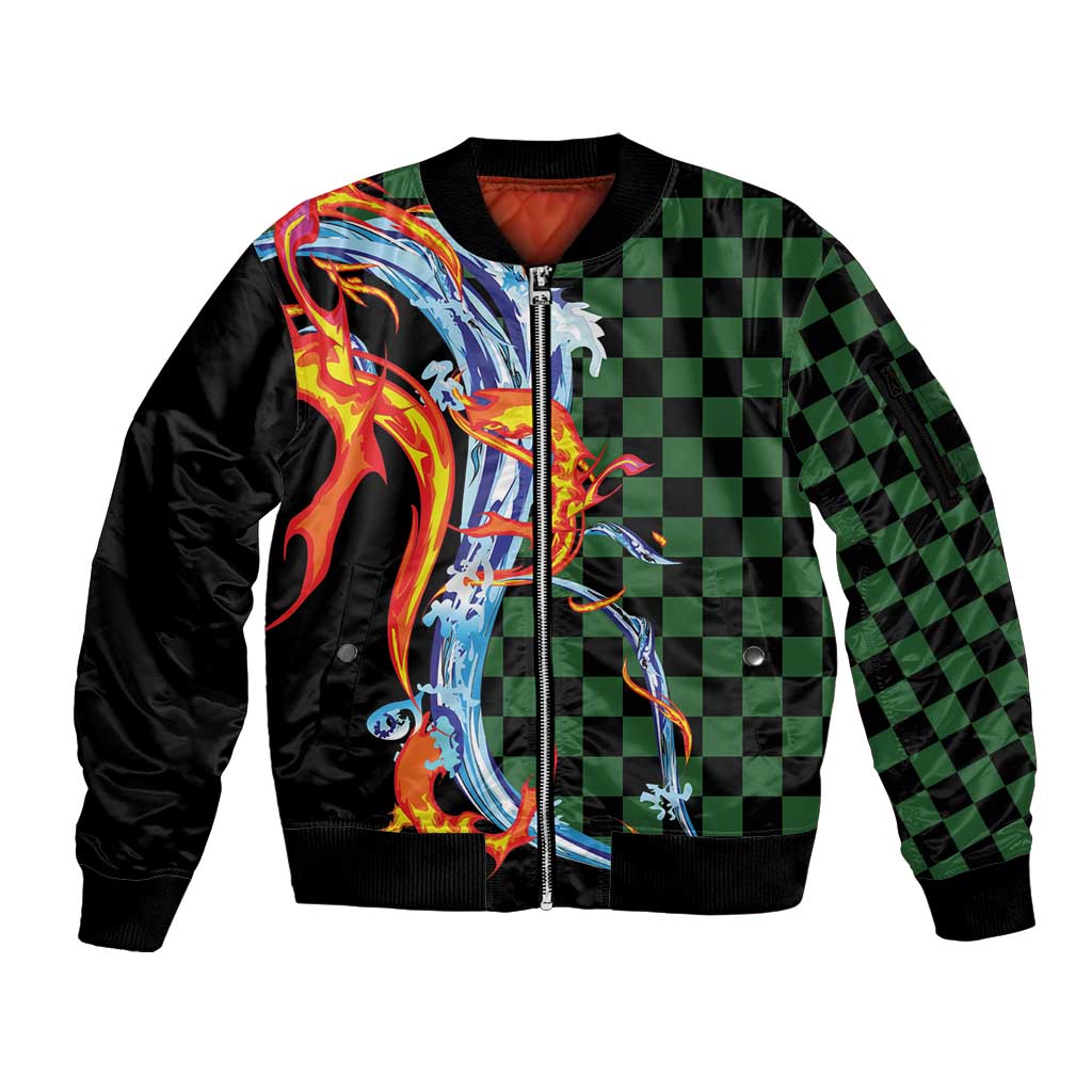 Japanese Asanoha Pattern Sleeve Zip Bomber Jacket Sun Flame Slayer Dragon Hinokami Kagura Spirit LT9 Unisex Green - Polynesian Pride